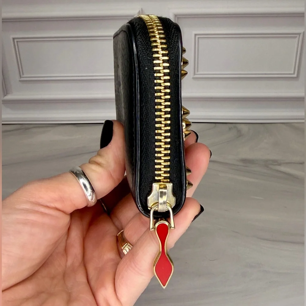Christian Louboutin Black Leather Studded Compact Zip Wallet | COA + Dust Bag